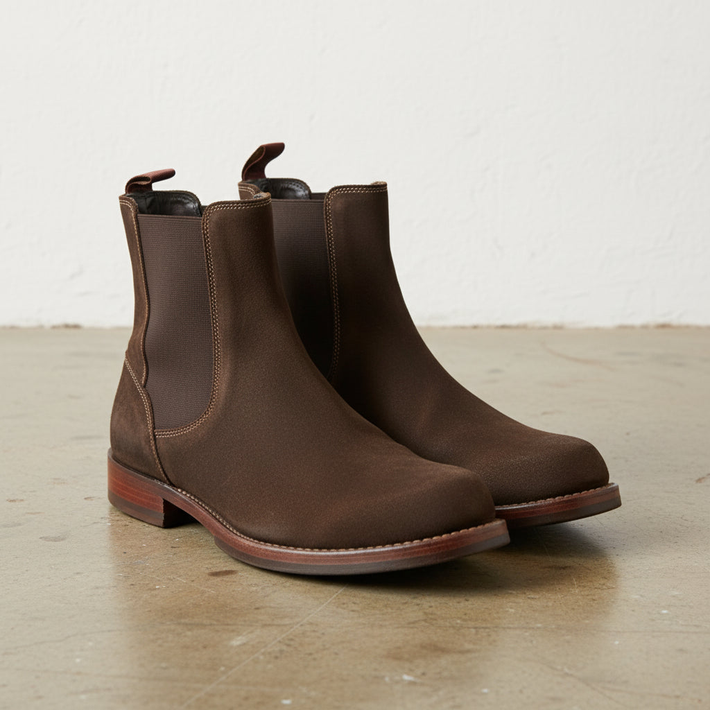 Handmade Plaintoe Chelsea Elastic Gore Suede Men’s Ankle Boots - angle-view-showing-depth