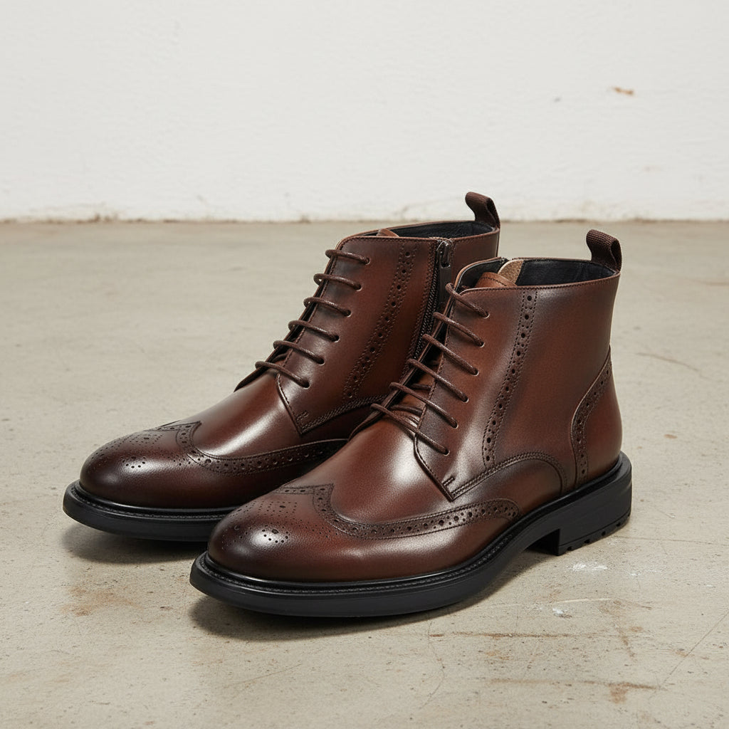 Handmade Premium Men's Cow Leather Brogue Boots - angle-view-showing-depth