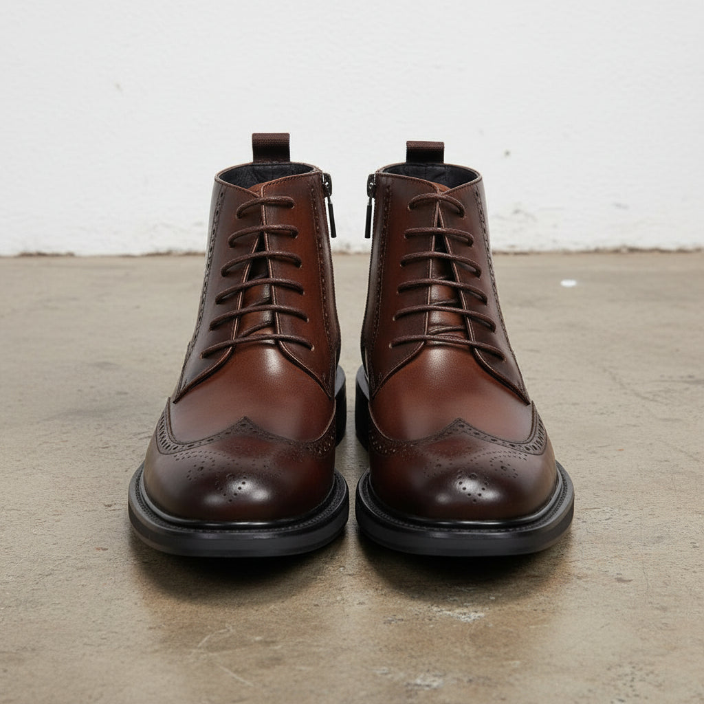 Handmade Premium Men's Cow Leather Brogue Boots - front-view