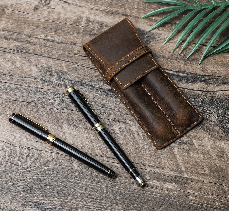 Handmade Slim Portable Genuine Leather Unisex Pen Holder Case