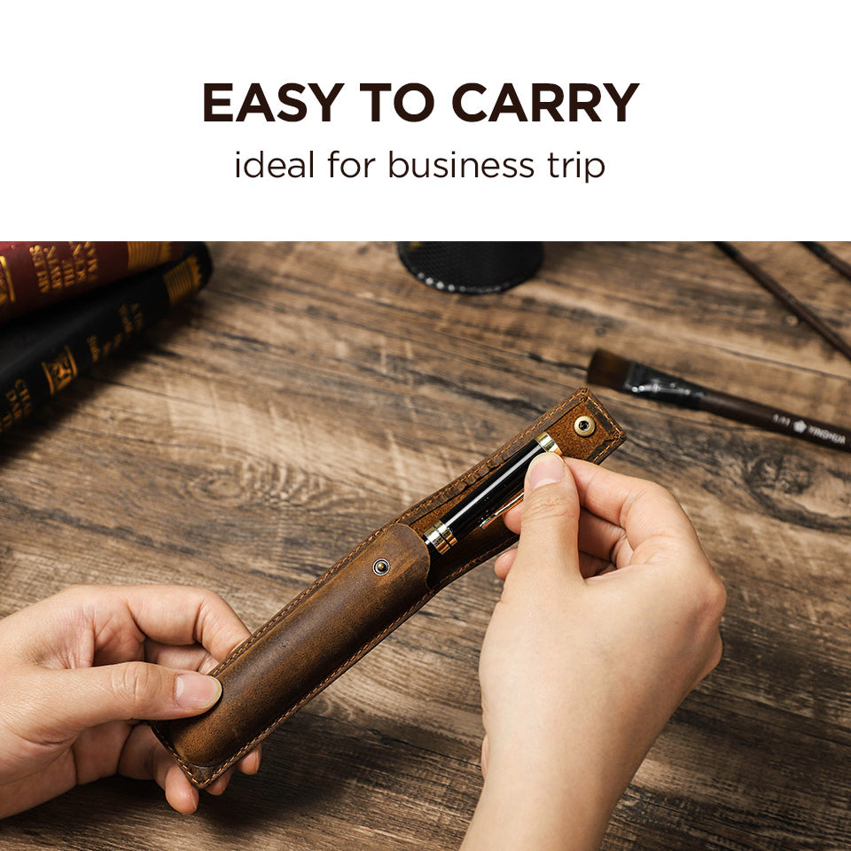 Handmade Slim Vintage Snap Genuine Leather Pen Organizer