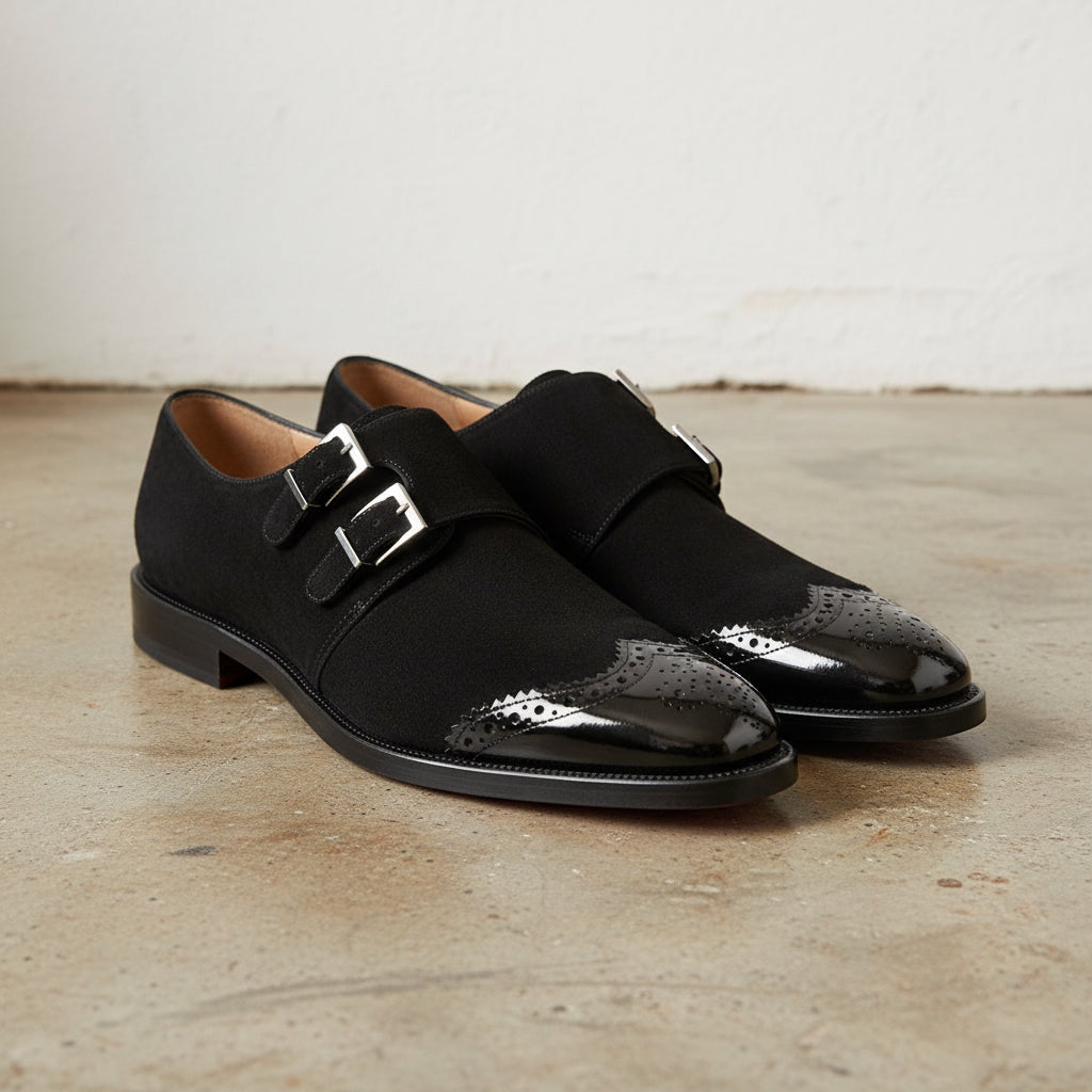 Handmade Suede Double Monk Strap Shoes Men's Dress Suede Leather Shoes - angle-view-showing-depth