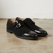 Handmade Suede Double Monk Strap Shoes Men's Dress Suede Leather Shoes - angle-view-showing-depth