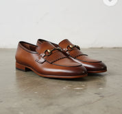 Handmade Tan brown leather fringe shoes moccasins, Men leather loafer - 3-4-right-view