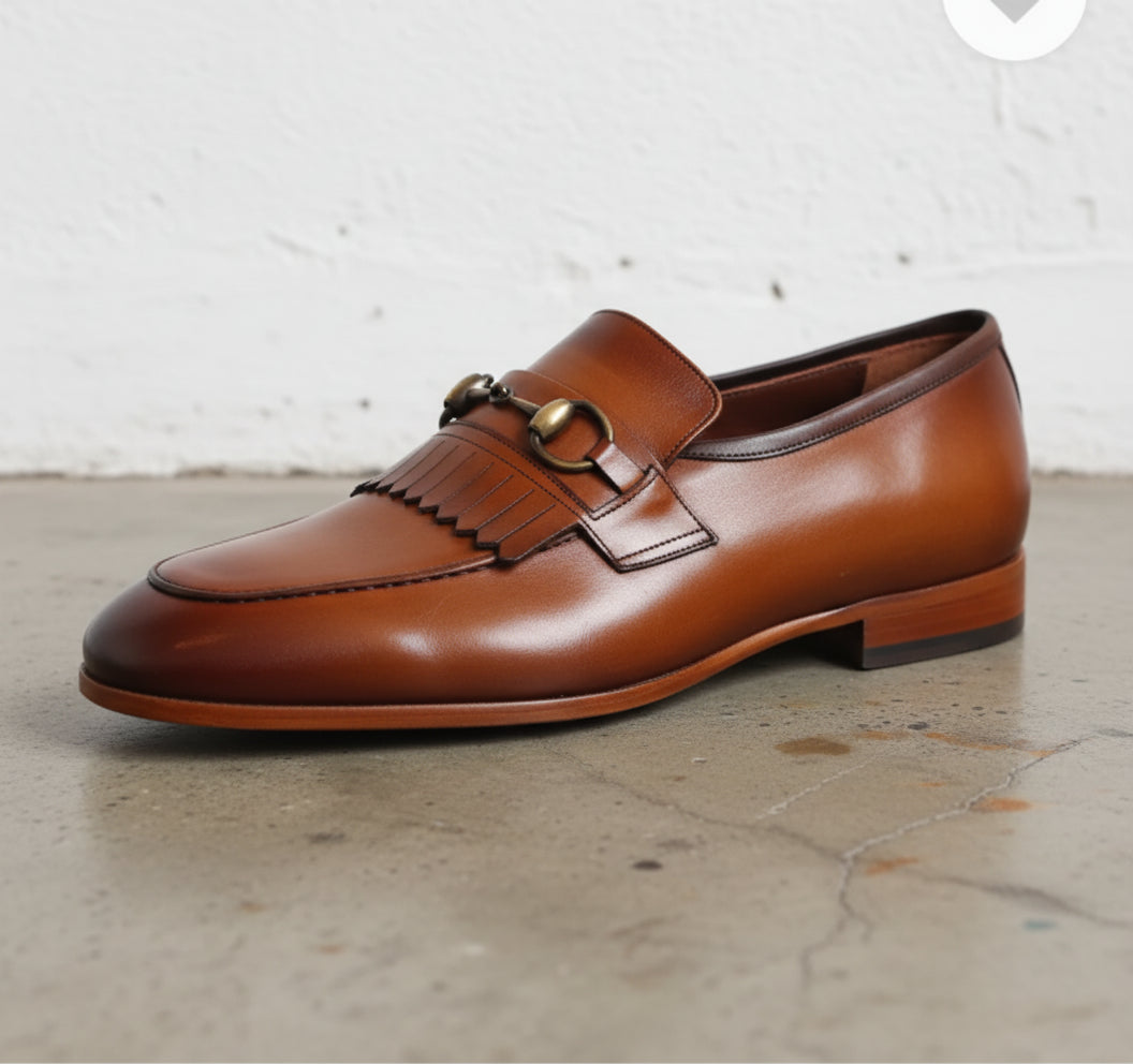 Handmade Tan brown leather fringe shoes moccasins, Men leather loafer - detail-view-showing-texture