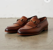 Handmade Tan brown leather fringe shoes moccasins, Men leather loafer - front-view