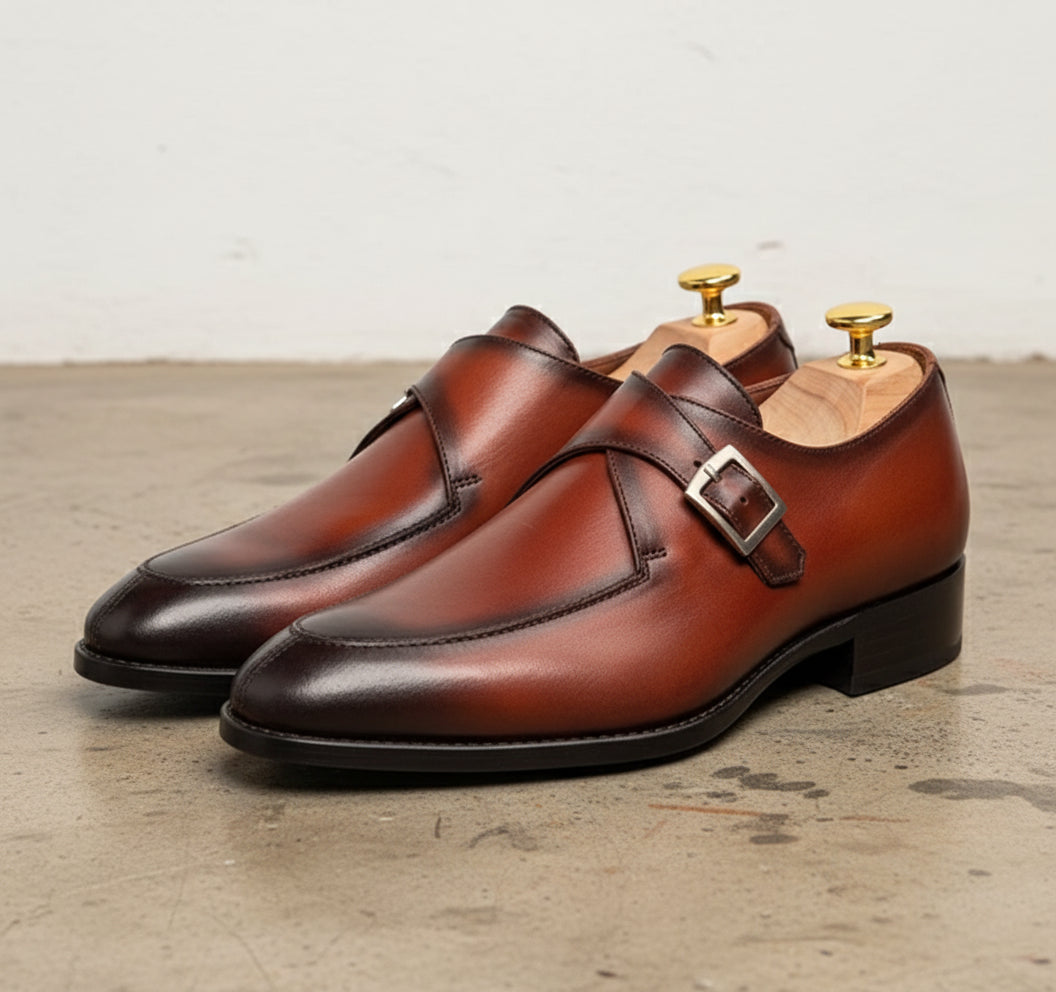 Handmade Tan brown Pointed toe monk shoes, Men Calf leather dress shoes - 3-4-right-view