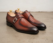 Handmade Tan brown Pointed toe monk shoes, Men Calf leather dress shoes - angle-view-showing-depth