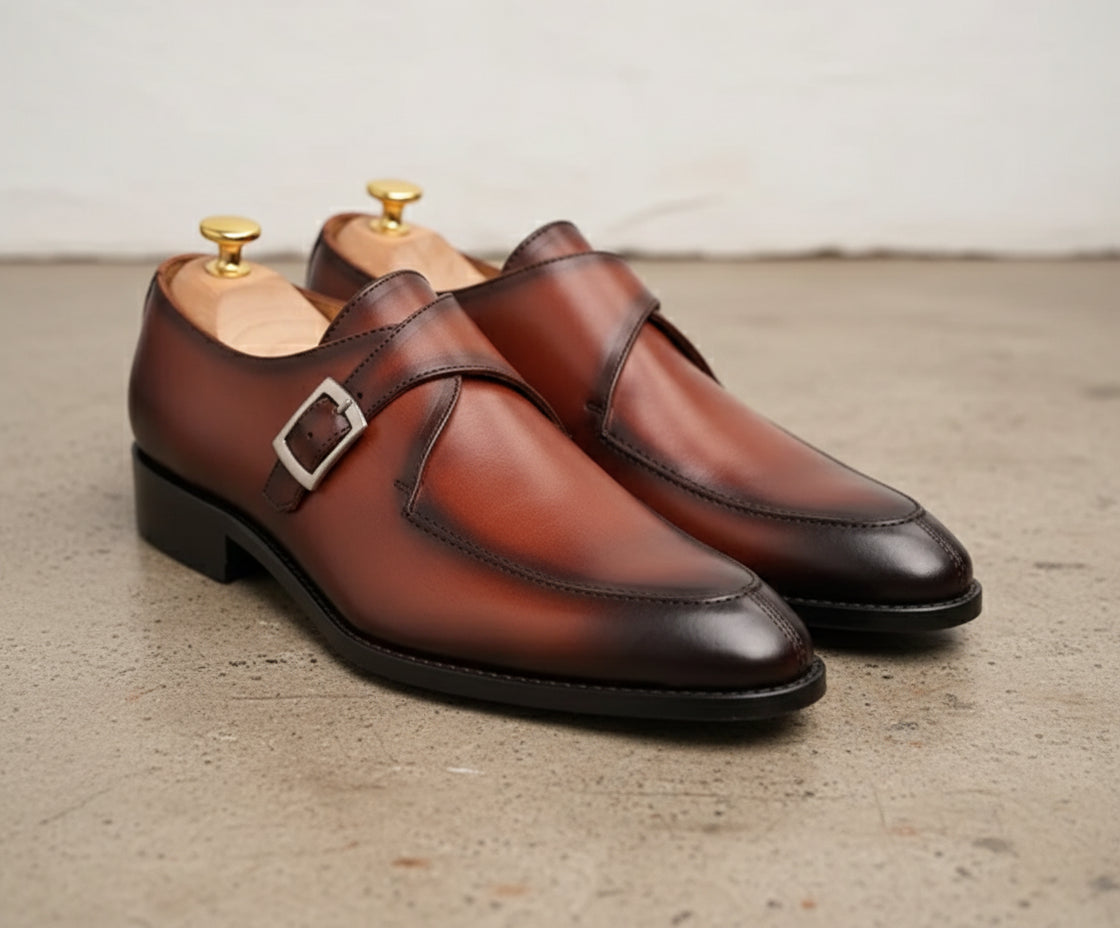 Handmade Tan brown Pointed toe monk shoes, Men Calf leather dress shoes - angle-view-showing-depth