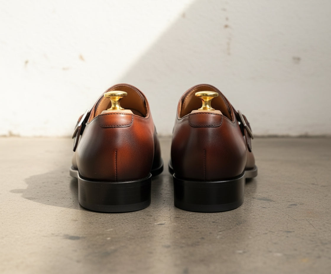 Handmade Tan brown Pointed toe monk shoes, Men Calf leather dress shoes - back-view