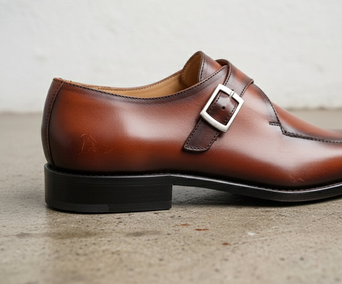 Handmade Tan brown Pointed toe monk shoes, Men Calf leather dress shoes - detail-view-showing-texture