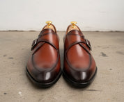 Handmade Tan brown Pointed toe monk shoes, Men Calf leather dress shoes - front-view