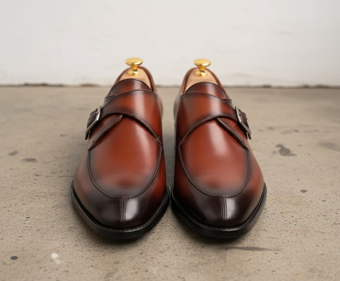 Handmade Tan brown Pointed toe monk shoes, Men Calf leather dress shoes - front-view