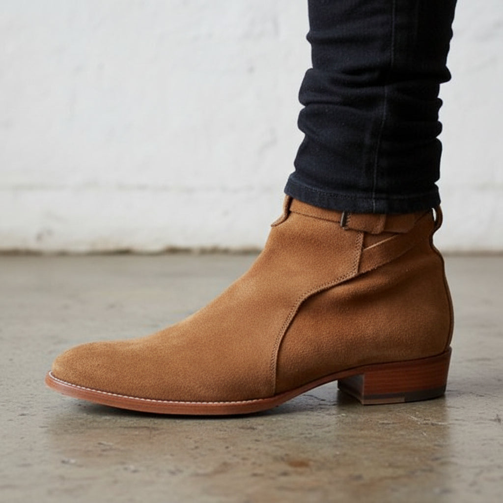 Handmade Tan brown Suede Jodhpurs boots for men, Men suede leather boots - detail-view-showing-texture