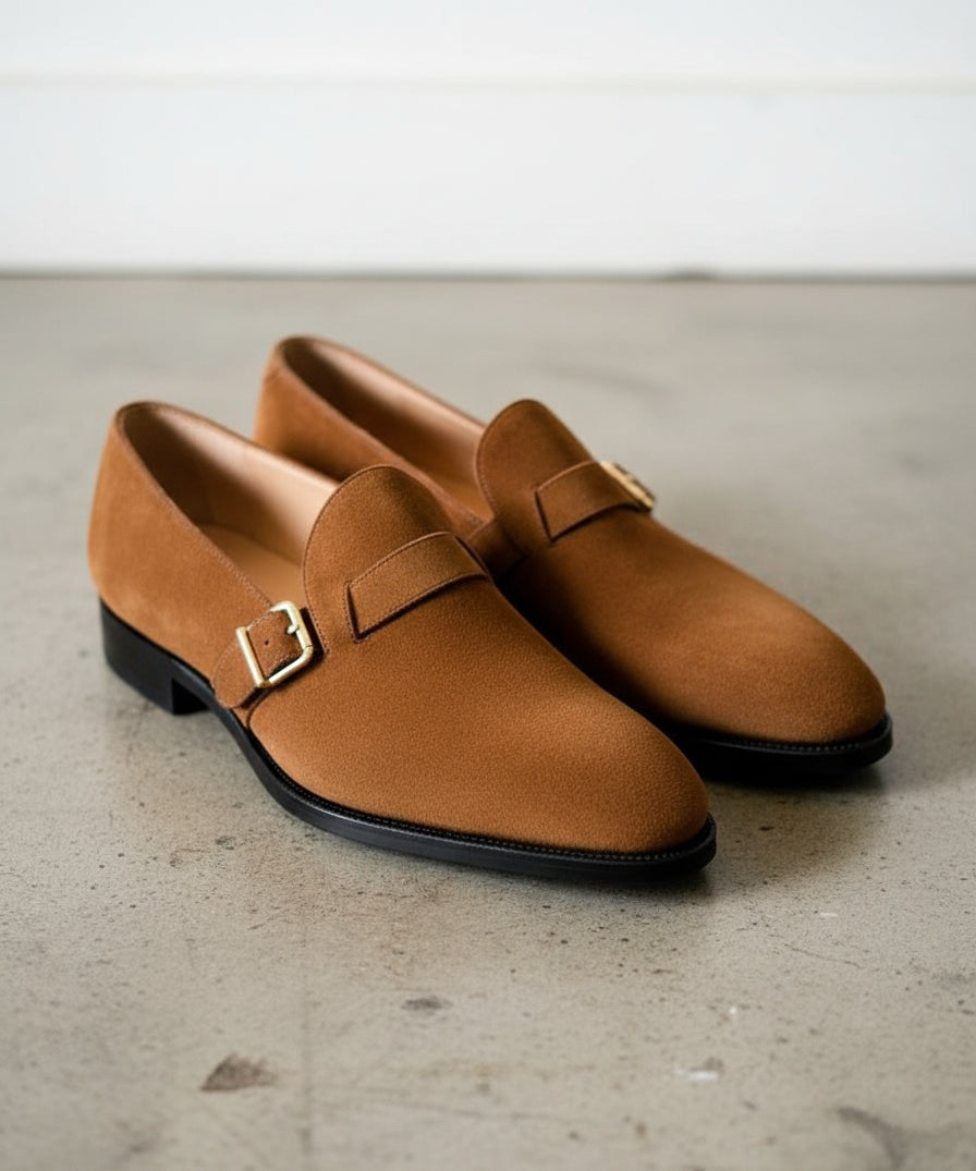 Handmade Tan brown suede monk shoes, Mens suede dress shoes, Shoes for men - angle-view-showing-depth