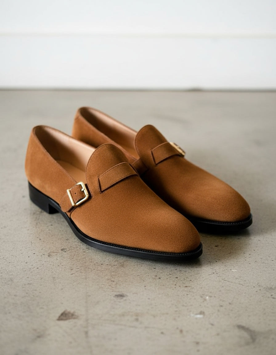 Handmade Tan brown suede monk shoes, Mens suede dress shoes, Shoes for men - angle-view-showing-depth