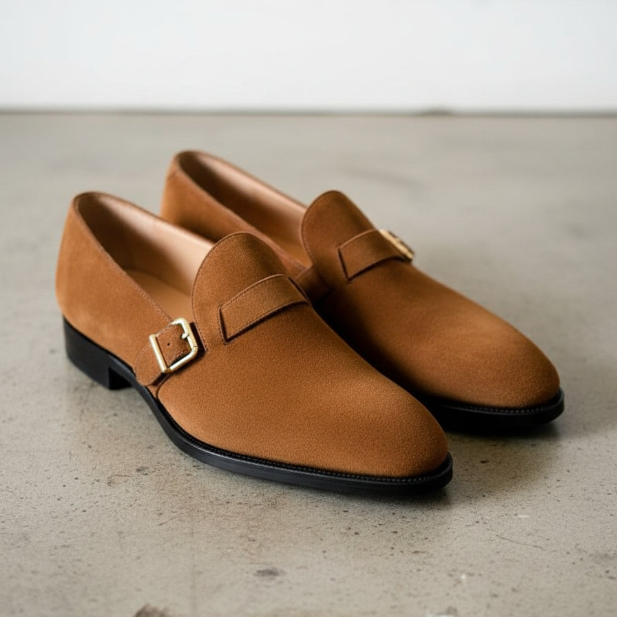 Handmade Tan brown suede monk shoes, Mens suede dress shoes, Shoes for men - angle-view-showing-depth