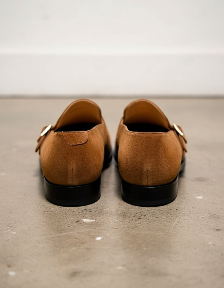 Handmade Tan brown suede monk shoes, Mens suede dress shoes, Shoes for men - back-view