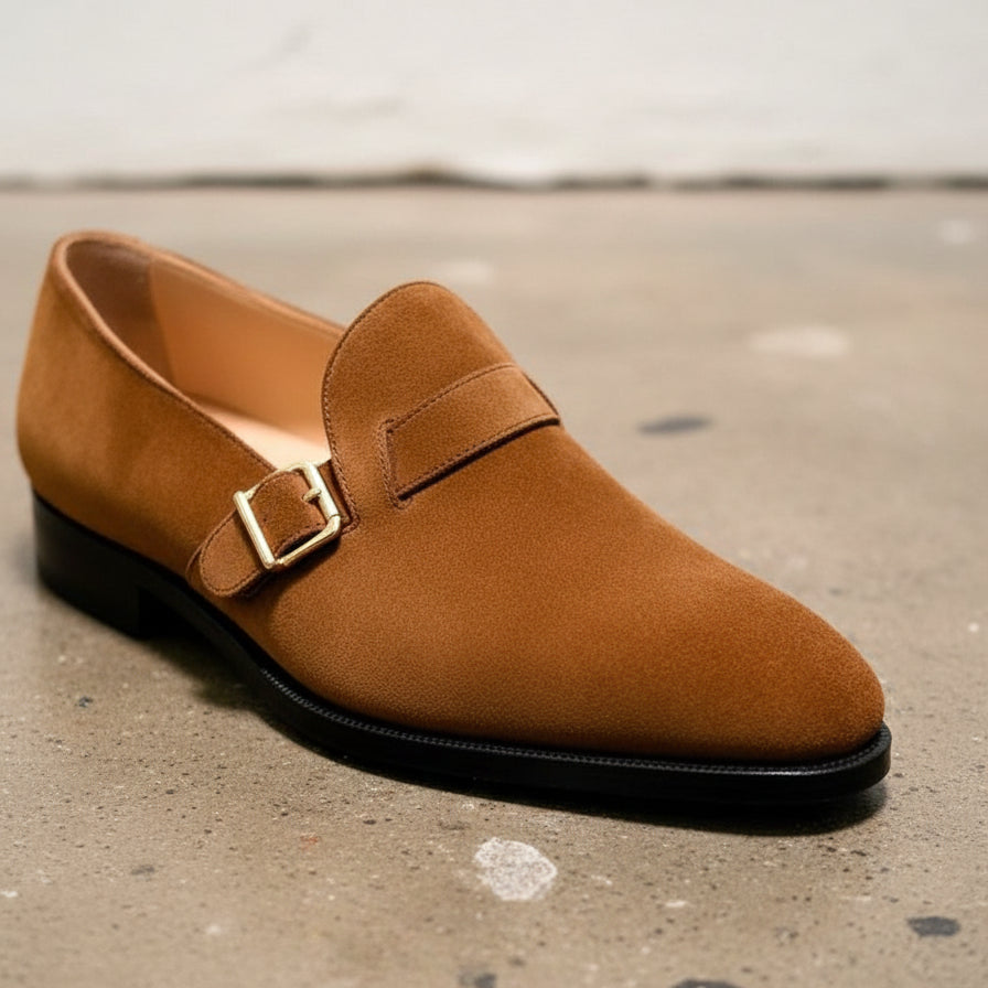 Handmade Tan brown suede monk shoes, Mens suede dress shoes, Shoes for men - detail-view-showing-texture