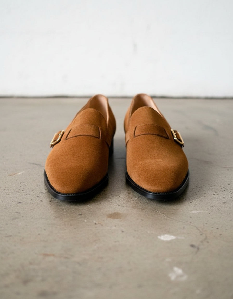 Handmade Tan brown suede monk shoes, Mens suede dress shoes, Shoes for men - front-view