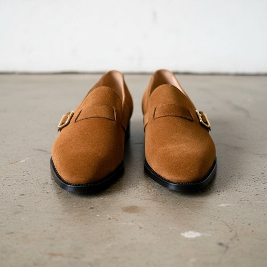 Handmade Tan brown suede monk shoes, Mens suede dress shoes, Shoes for men - front-view