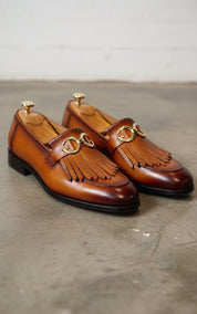 Handmade Tan leather fringe buckle shoes moccasins, Mens leather shoes - angle-view-showing-depth