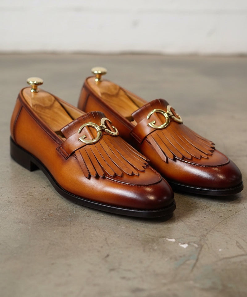 Handmade Tan leather fringe buckle shoes moccasins, Mens leather shoes - angle-view-showing-depth