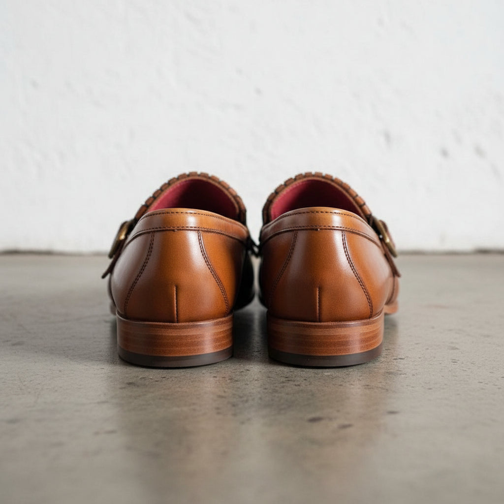 Handmade Tan leather fringe buckle shoes moccasins, Mens leather loafer - back-view
