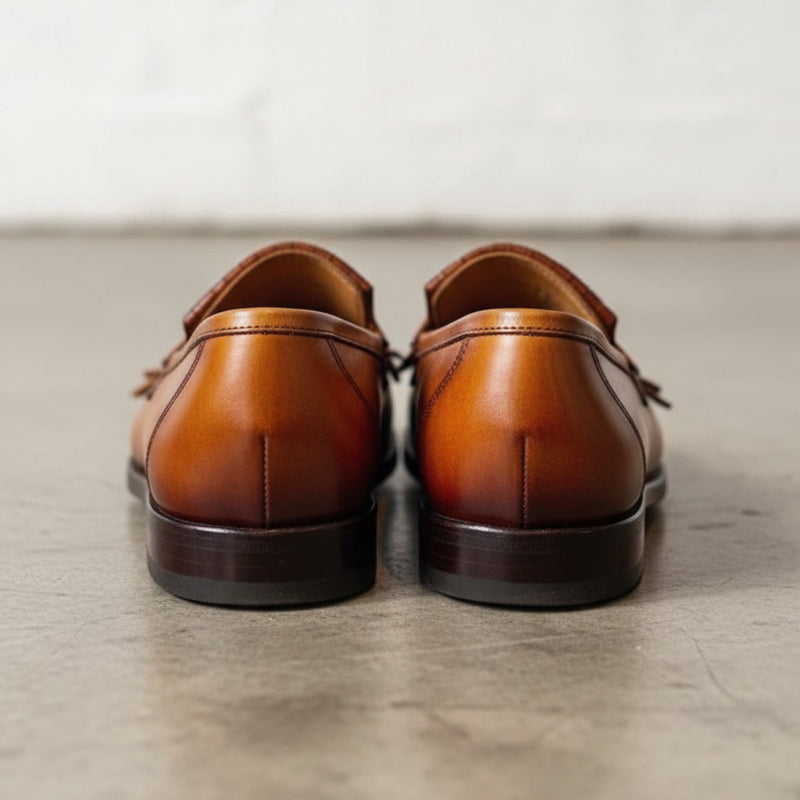 Handmade Tan leather fringe buckle shoes moccasins, Mens leather shoes - back-view