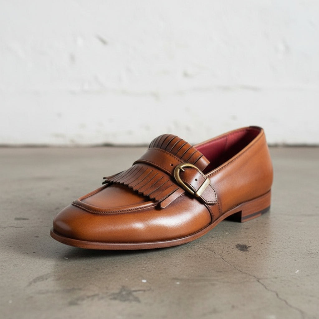 Handmade Tan leather fringe buckle shoes moccasins, Mens leather loafer - detail-view-showing-texture