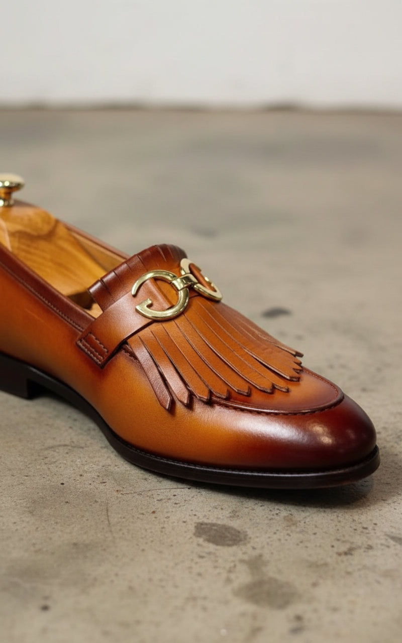 Handmade Tan leather fringe buckle shoes moccasins, Mens leather shoes - detail-view-showing-texture