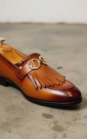 Handmade Tan leather fringe buckle shoes moccasins, Mens leather shoes - detail-view-showing-texture