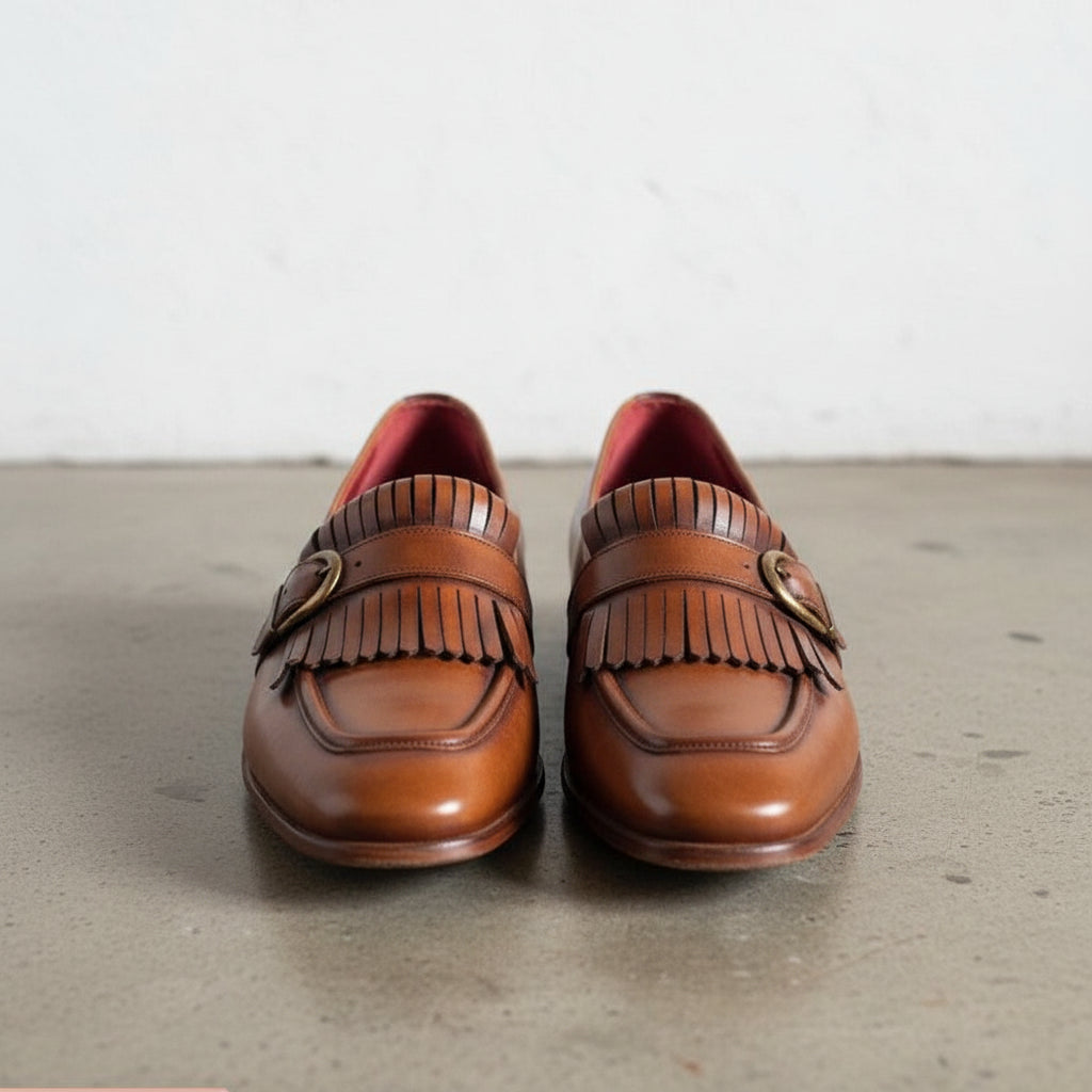 Handmade Tan leather fringe buckle shoes moccasins, Mens leather loafer - front-view