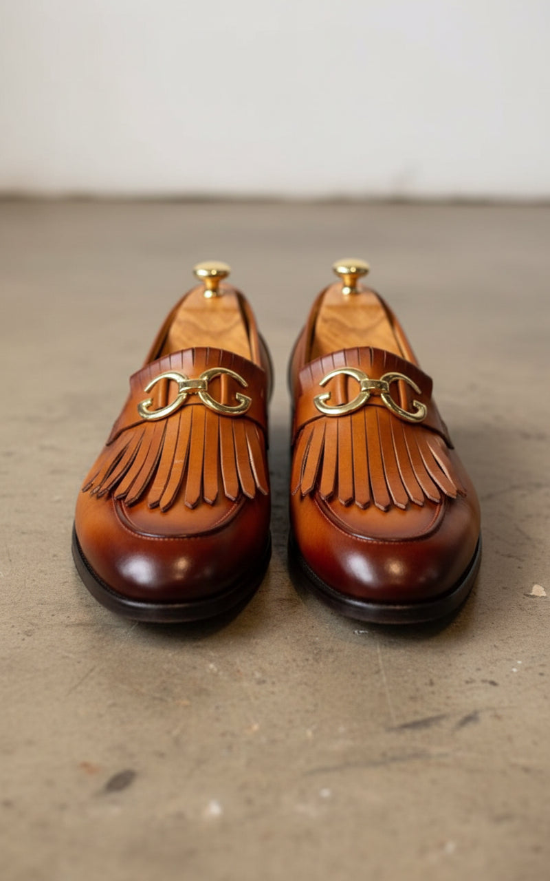 Handmade Tan leather fringe buckle shoes moccasins, Mens leather shoes - front-view