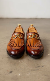 Handmade Tan leather fringe buckle shoes moccasins, Mens leather shoes - front-view