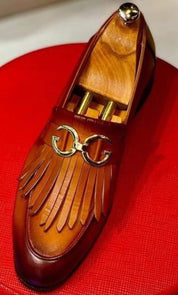 Handmade Tan leather fringe buckle shoes moccasins, Mens leather shoes