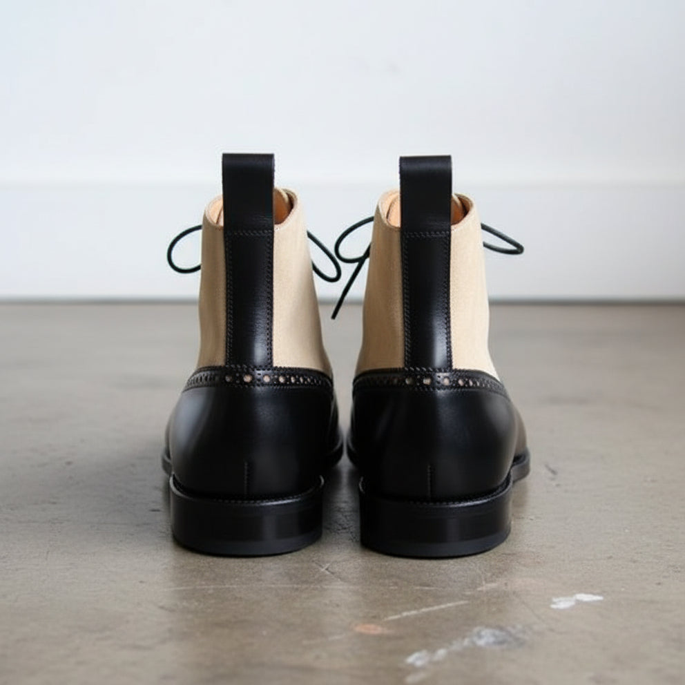 Handmade Two Tone Ankle Boots, Men Black And Beige Lace Up Boot, Boot - back-view