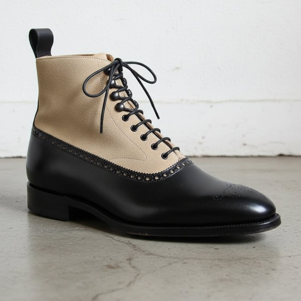 Handmade Two Tone Ankle Boots, Men Black And Beige Lace Up Boot, Boot - detail-view-showing-texture