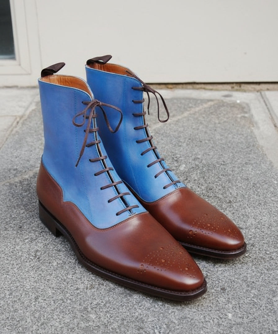 Handmade Two Tone Lace Up Ankle High Boots Men Ankle Leather Designer Boots - angle-view-showing-depth