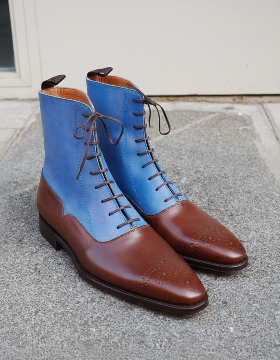 Handmade Two Tone Lace Up Ankle High Boots Men Ankle Leather Designer Boots - angle-view-showing-depth