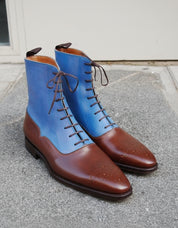 Handmade Two Tone Lace Up Ankle High Boots Men Ankle Leather Designer Boots - angle-view-showing-depth