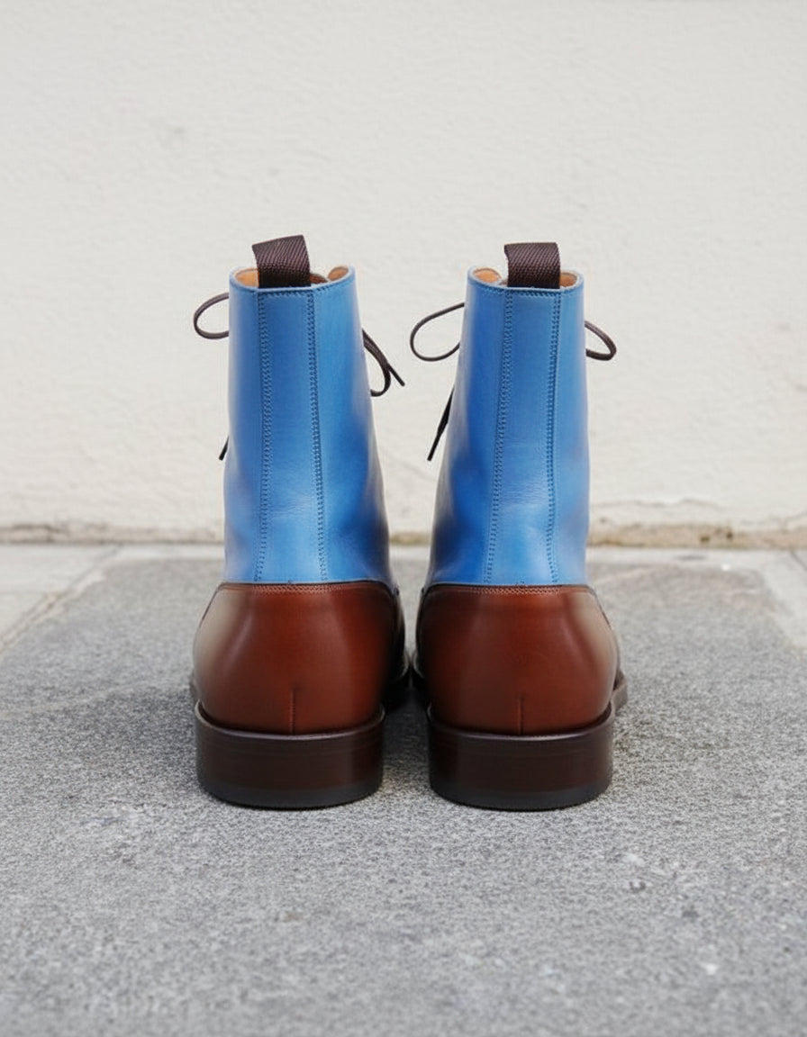 Handmade Two Tone Lace Up Ankle High Boots Men Ankle Leather Designer Boots - back-view
