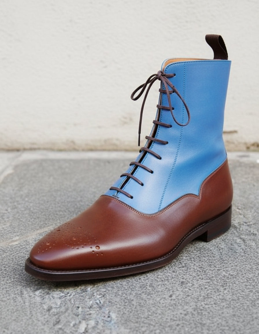 Handmade Two Tone Lace Up Ankle High Boots Men Ankle Leather Designer Boots - detail-view-showing-texture