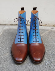 Handmade Two Tone Lace Up Ankle High Boots Men Ankle Leather Designer Boots - front-view