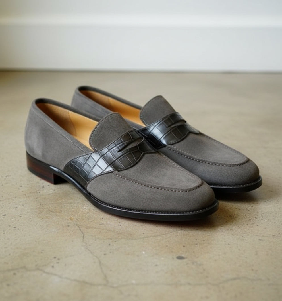 Handmade Two tone Suede moccasins Loafer shoes, Men Gray suede dress shoes - angle-view-showing-depth