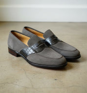 Handmade Two tone Suede moccasins Loafer shoes, Men Gray suede dress shoes - angle-view-showing-depth