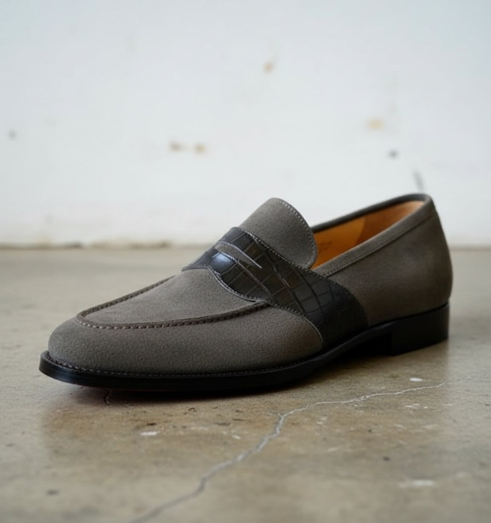 Handmade Two tone Suede moccasins Loafer shoes, Men Gray suede dress shoes - detail-view-showing-texture
