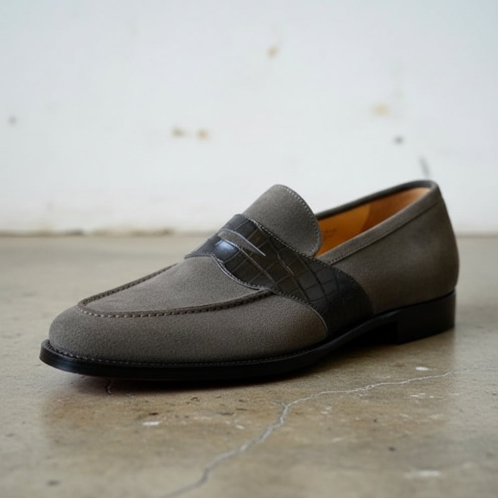 Handmade Two tone Suede moccasins Loafer shoes, Men Gray suede dress shoes - detail-view-showing-texture