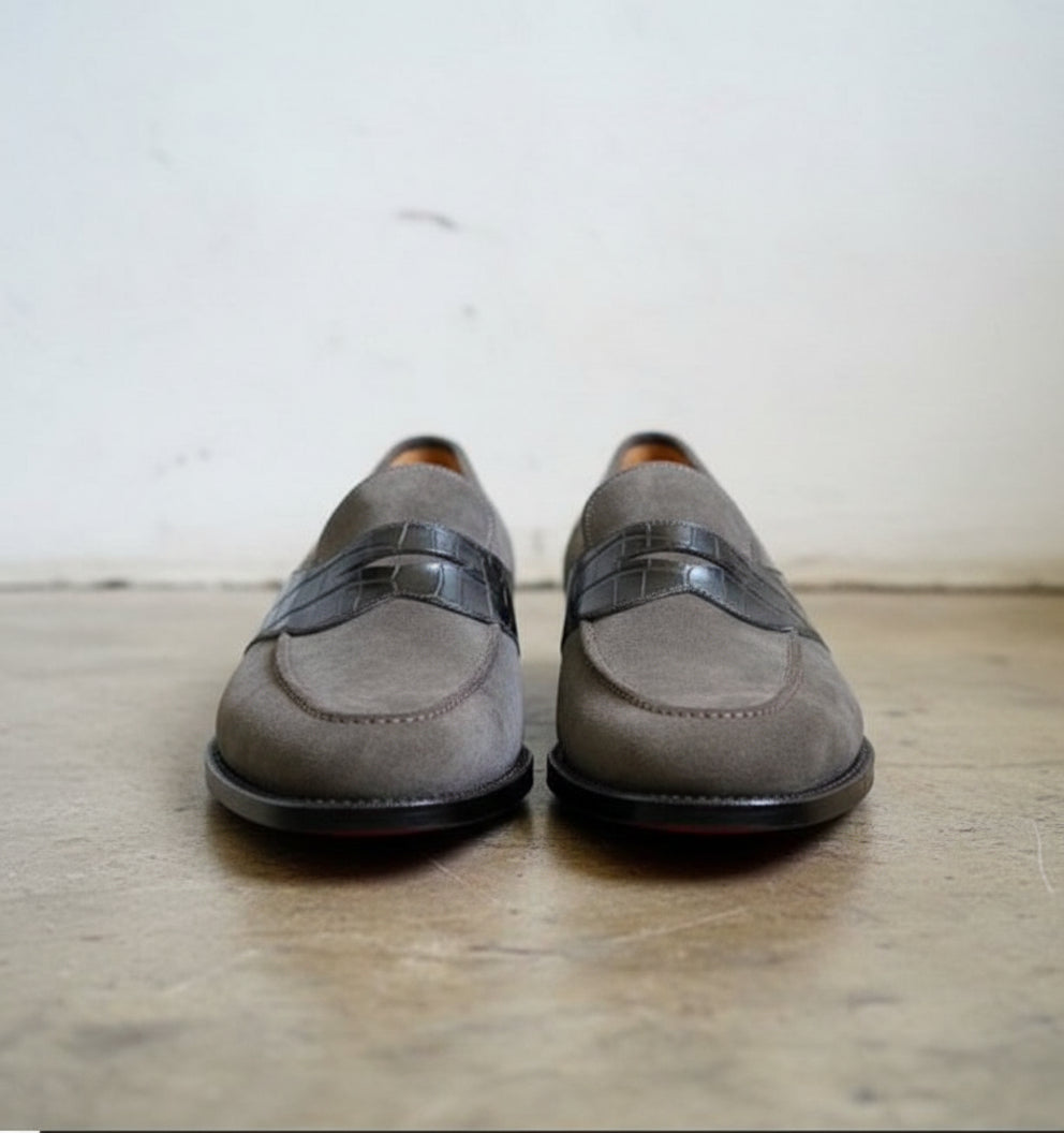 Handmade Two tone Suede moccasins Loafer shoes, Men Gray suede dress shoes - front-view