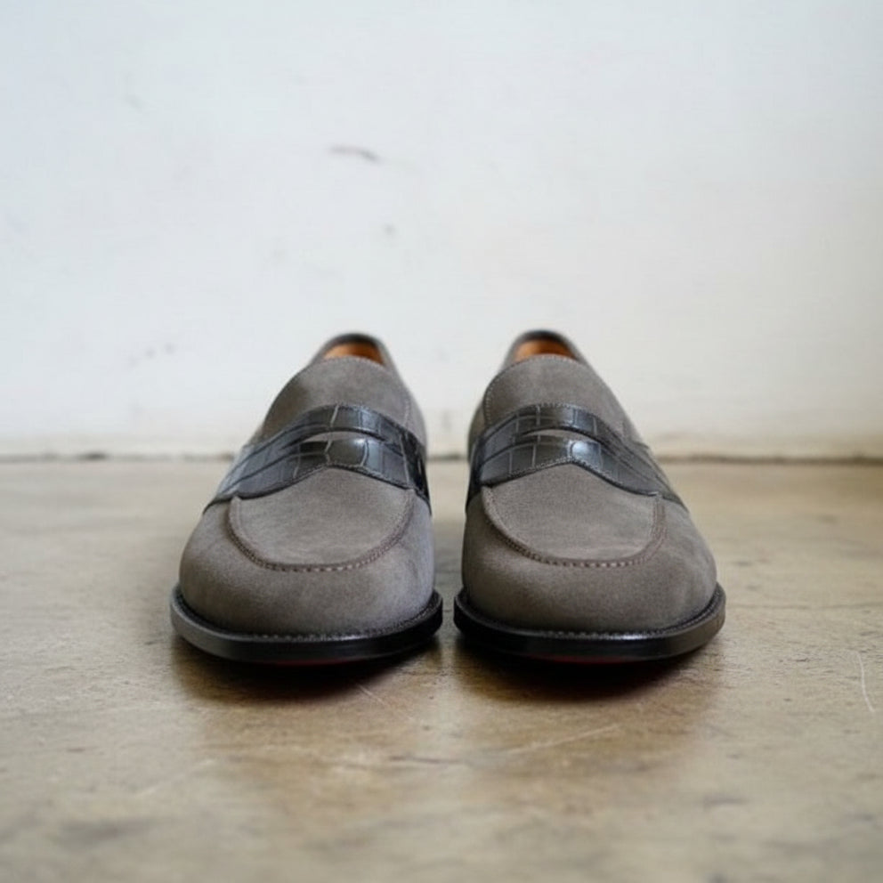 Handmade Two tone Suede moccasins Loafer shoes, Men Gray suede dress shoes - front-view